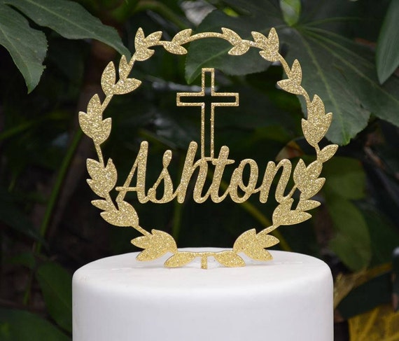 Wreath Name Cake Topper Cross Baptism Christening Confirmation Custom Personalized Cake Topper