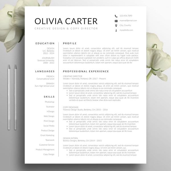 Modern Resume Template, Cover Letter, Word, Mac, US Letter, A4, CV Template, Creative Resume, Professional Resume, Instant Download, Olivia