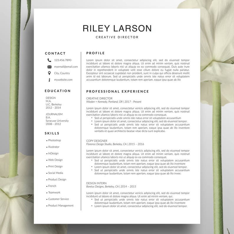 Simple Resume Word CV Template US Letter Instant Download Riley Creative Resume Template Cover Letter Professional Resume Modern A4