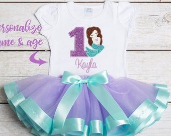 Mermaid Birthday Outfit 1st Birthday Girls Outfit Mermaid Shirt Personalized First Birthday Mermaid Birthday Party Ribbon Trim Tutu