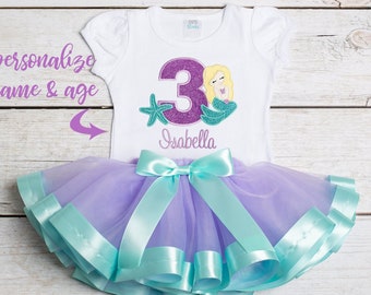 Mermaid Birthday Outfit, Little Mermaid Shirt, 3rd Birthday, Personalized Shirt, Blonde Mermaid, Mermaid Party, Purple Teal Ribbon Trim Tutu