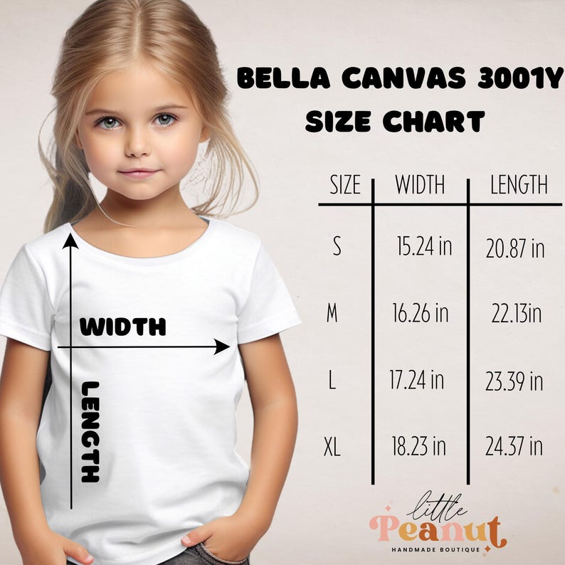 May include: Bella Canvas 3001Y size chart for t-shirts. The chart shows the width and length measurements in inches for sizes S, M, L, and XL.