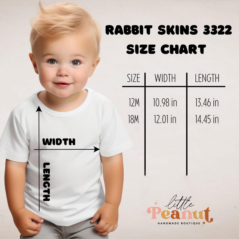 May include: Size chart for Rabbit Skins 3322 baby onesies. The chart shows the width and length in inches for sizes 12M and 18M.