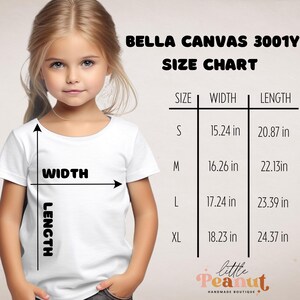 May include: Bella Canvas 3001Y size chart for t-shirts. The chart shows the width and length measurements in inches for sizes S, M, L, and XL.