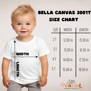 May include: Size chart for Bella Canvas 3001T t-shirts, showing width and length measurements in inches for sizes 2T, 3T, 4T, and 5T.
