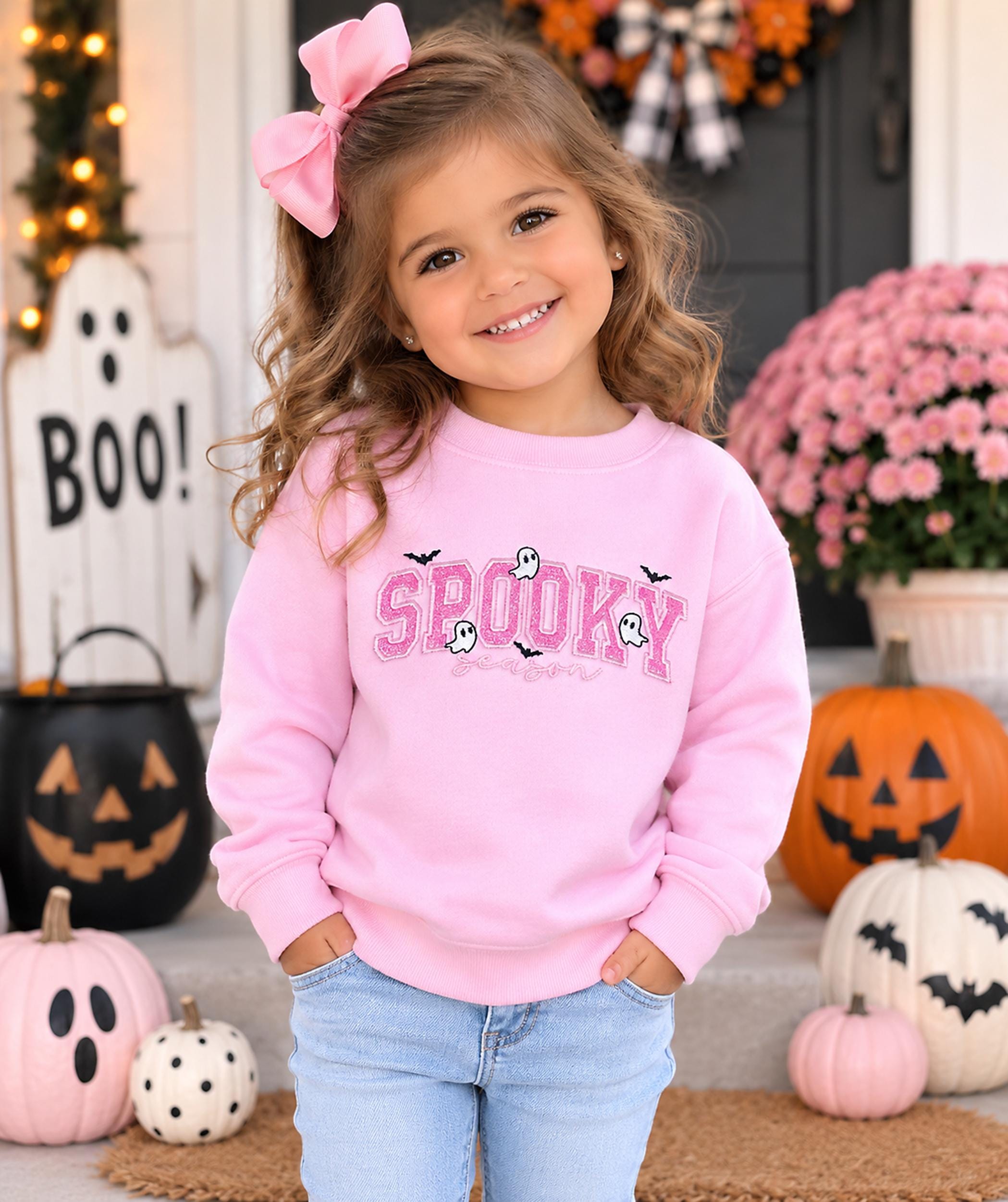 Embroidered Spooky Season Toddler Sweatshirt, Halloween Bat and Ghost Glitter Crewneck