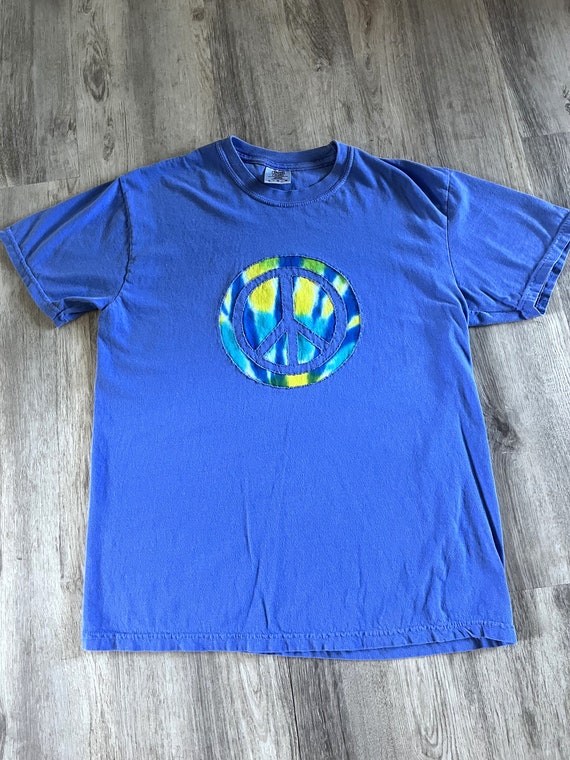 Blue Yellow Tye Dye Peace Symbol Blue T Tee Shirt 