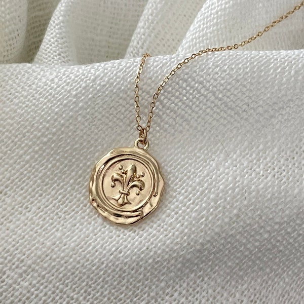 Gold Ancient Fleur de Lis coin necklace
