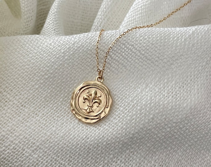 Gold Ancient Fleur de Lis coin necklace