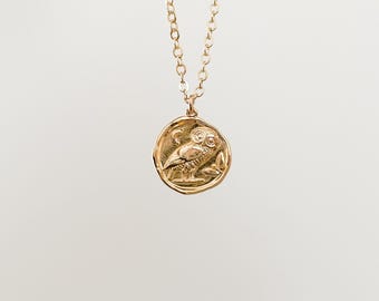 Gold Owl of Athena coin necklace
