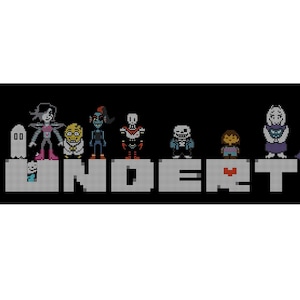 May include: A pixelated image of the main characters from the video game Undertale. The characters are standing on a grey platform with the word "UNDERTALE" written in white letters. The characters include Frisk, Sans, Papyrus, Toriel, Asgore, Undyne, Alphys, Mettaton, and Napstablook.