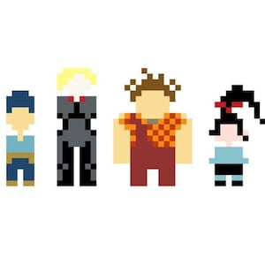 Op de afbeelding: Pixel art-illustratie van vier personages uit de film Wreck-It Ralph. De personages zijn Ralph, Vanellope, Fix-It Felix Jr. en Calhoun. Ralph draagt een rood-oranje jumpsuit, Vanellope draagt een blauwe jurk, Fix-It Felix Jr. draagt een blauw shirt en een bruine broek, en Calhoun draagt een zwart pak.