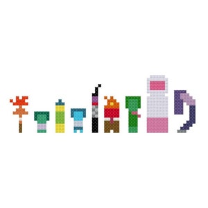 May include: A pixel art cross-stitch pattern featuring a line of characters from the animated series "The Amazing World of Gumball". The characters include Gumball, Darwin, Anais, Richard, Nicole, and the family pet, a cat named  "The  Amazing World of Gumball".