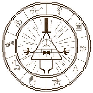 May include: A black and white pixel art illustration of Bill Cipher, a triangular character with a single eye, bow tie, and top hat, surrounded by a circle of symbols including a shooting star, a heart, a question mark, a pine tree, a hand, a llama, a wrench, a star, a pair of glasses, and a snowflake.