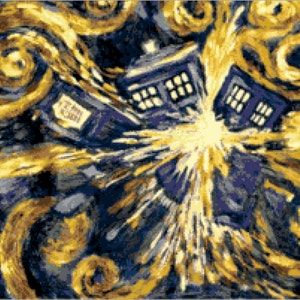 May include: A blue and yellow abstract painting of a TARDIS, a time-traveling police box, in a swirling vortex of stars. The TARDIS is surrounded by a bright yellow light, as if it is about to explode.