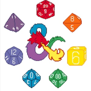 May include: A colourful set of dice with a purple and blue dragon and the symbol '&' in the centre. The dice are red, orange, yellow, green, blue and purple.