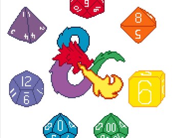 DnD Dungeons and Dragons  - Dice and Dragon - DITIGAL Cross Stitch Pattern