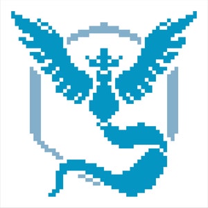 May include: A blue pixel art design of a mythical bird with a crown on its head, surrounded by a gray circle and two gray rectangles.