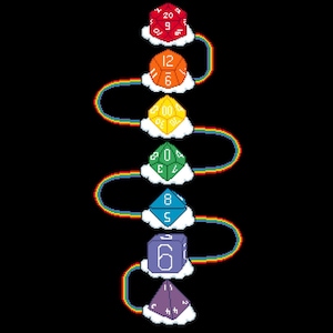 Puede incluir: Un gráfico pixelado sobre un fondo negro presenta siete dados coloridos, cada uno con un número diferente de caras, flotando sobre nubes. Un arcoíris conecta cada dado, creando un diseño vertical caprichoso. Los dados son rojos, naranjas, amarillos, verdes, azules, morados.