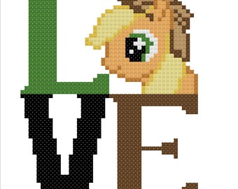 Peut inclure: Motif de point de croix du mot "LOVE" avec un poney de dessin animé au milieu. Le "L" est vert, le "V" est noir, le "E" est marron et le poney est jaune, marron et blanc.