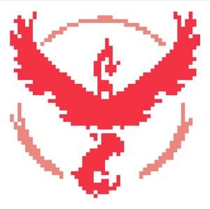 May include: A red pixelated phoenix bird with wings spread wide, inside a circle with a red outline. The phoenix is a symbol of rebirth and renewal.