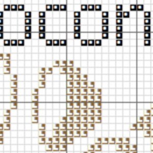 Może przedstawiać: Wz&oacute;r haftu krzyżykowego w kolorze brązowym z napisem "COZY" czarnymi literami.