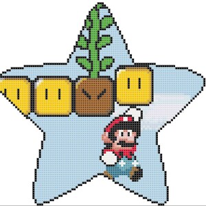 May include: A blue star-shaped background with a pixelated image of a video game character, Mario, standing on a platform with a plant growing from it. The platform is made of brown and yellow blocks.