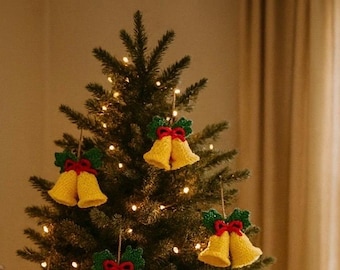 Christmas Bells Ornament crochet  Pattern with Bow & Leaves (PDF)