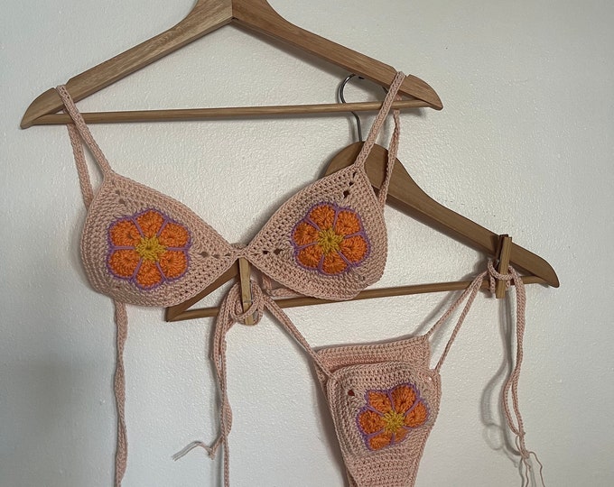 FLORA  TRIANGLE BIKINI GLOSSY COPPER CHEVRON CROCHET KNIT