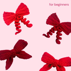 May include: Four red crocheted bows with curled tails. The bows are arranged on a pink background with the text "BOWS crochet patterns for beginners" and "OMH PATTERNS" at the bottom.