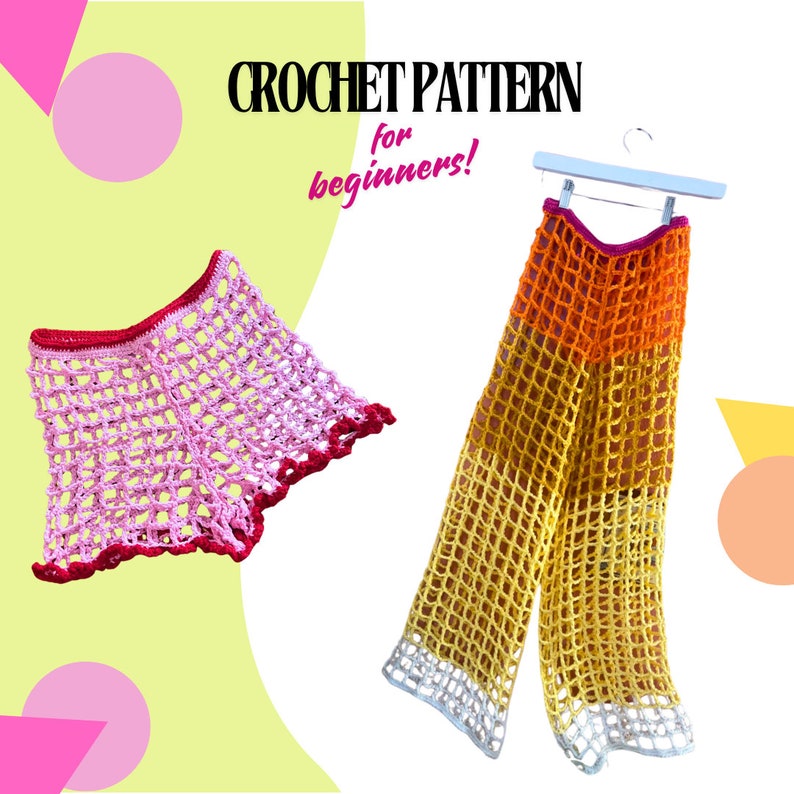 May include: Crochet pattern for beginners! Two crochet garments: a pair of pants with orange, yellow, and white stripes and a pair of shorts in pink with a red trim.