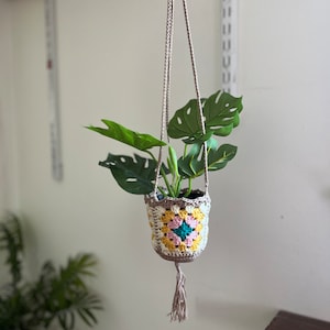 May include: A hanging plant pot made of crocheted yarn in beige, yellow, pink, and teal. The pot has a tassel and is holding a green plant with large leaves.