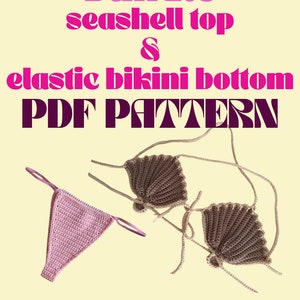 May include: A crochet bikini top and bottom pattern. The top is a seashell design in brown and the bottom is a simple triangle shape in pink. The pattern is available as a PDF download.