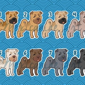 May include: Eight illustrations of Shar-Pei dogs in various colors, including fawn, cream, brown, black, and gray. Each dog is numbered 1 through 8.