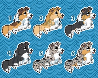 May include: Six different colored border collie dog illustrations with white markings. Each dog is in a sitting position with its tongue sticking out. The dogs are numbered 1 through 6.