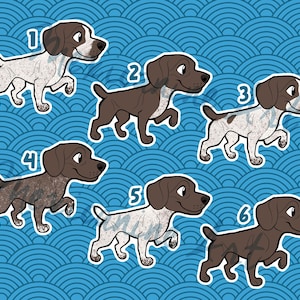 Puede incluir: Una colección de seis ilustraciones de perros de dibujos animados, cada una con un patrón y color de pelaje únicos. Los perros se representan caminando, con un fondo azul con patrón de olas. Cada perro tiene un número del 1 al 6.