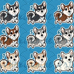 May include: Nine cartoon dog stickers in various colors, including black, brown, gray, and white, each with a unique number. The dogs are depicted in a playful, running pose against a blue background with a wave pattern. The stickers are outlined in white.