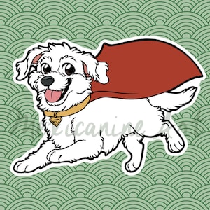 May include: A white dog sticker wearing a red cape and a yellow collar with a logo. The dog is smiling with its tongue out. The background features a green, wave-patterned design.