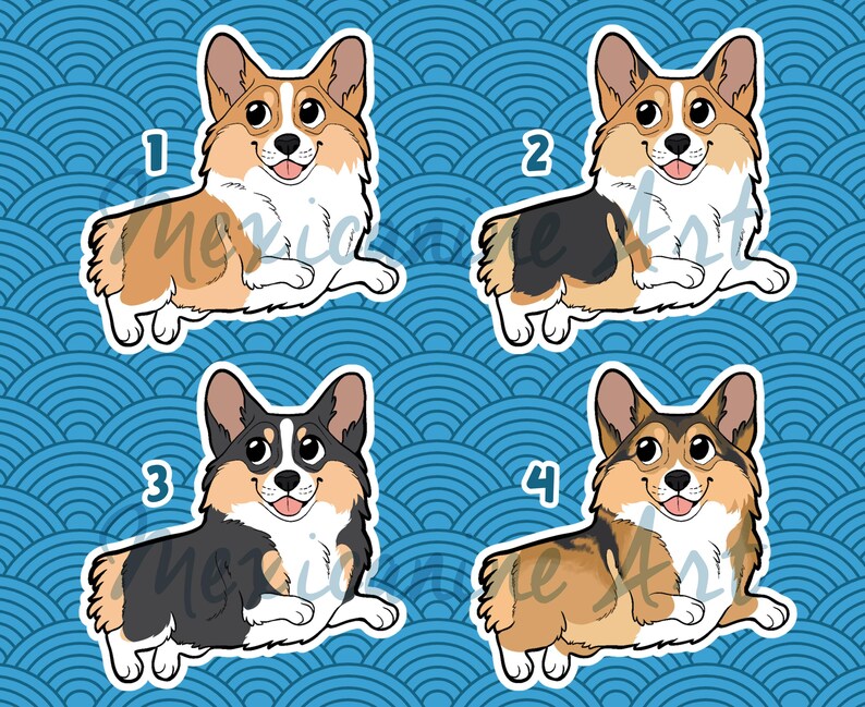 May include: Four cartoon illustrations of corgis in different poses. Each corgi is surrounded by a white outline and numbered 1 through 4. The background is a blue and white pattern.