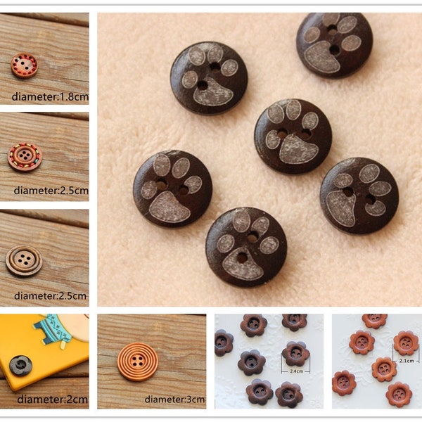 10 pieces 15-30mm Wooden Buttons ,Bear's paw print buttons, Brown buttons, Round Shirt Buttons,Buttons for child (200-16)