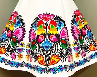 White A-Line Summer Skirt with Colorful Polish Folk Floral Patterns/White Skirt with Slavic Rooster and Flower Patterns/European Folk Motifs