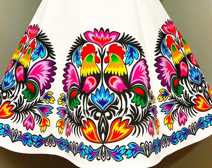 A-Line White Mini Folk Skirt with Colorful Polish Rooster and Floral Patterns, Summer Skirt with Slavic Patterns, European Folk Motifs