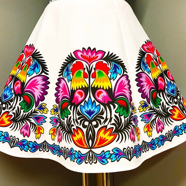 White A-Line Summer Skirt with Colorful Polish Folk Floral Patterns/White Skirt with Slavic Rooster and Flower Patterns/European Folk Motifs