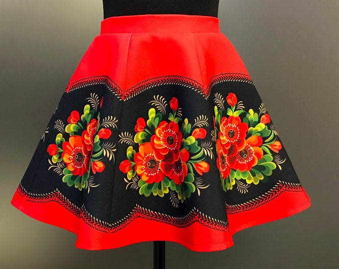 Red A-Line Skirt with Red Poppies Print/Floral Skirt with Red Poppies/European Spring Skirt with Red Poppies/Mexican Skirt with Red Poppies