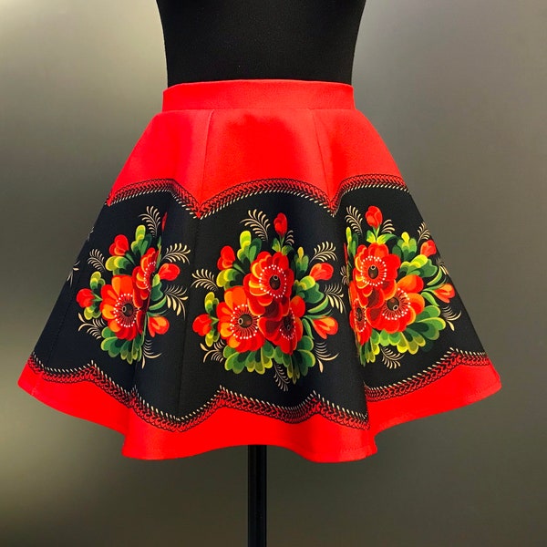 Red A-Line Skirt with Red Poppies Print/Floral Skirt with Red Poppies/European Summer Skirt with Red Poppies/Mexican Skirt with Red Poppies