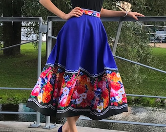 A-Line Blue Floral Midi Skirt/Flower Blue Skirt/Flower Patterned Skirt/Colorful Flower Skirt/1950s Style Skirt/European Floral Skirt/Slavic