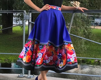 A-Line Blue Floral Midi Skirt/Flower Blue Skirt/Flower Patterned Skirt/Colorful Flower Skirt/1950s Style Skirt/European Floral Skirt/Slavic