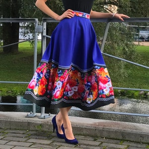 A-Line Blue Floral Midi Skirt/Flower Blue Skirt/Flower Patterned Skirt/Colorful Flower Skirt/1950s Style Skirt/European Floral Skirt/Slavic