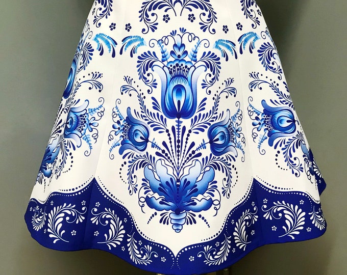 A-Line Mini Folk Summer Skirt with White-Blue European Hungarian Moravian Czech Floral Patterns, Slavic and Magyar Traditional Folk Art