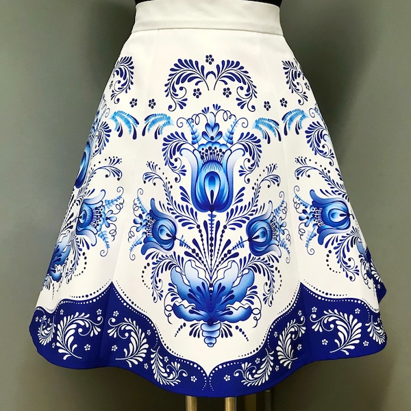 Skirt/European Style/white/Blue/European/Hungarian/Moravian/Czech/Print/Kawaii/Folk/Folk Art/Slavic Folk Skirt/